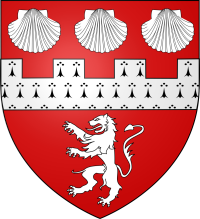 de gueules à la fasce crénelée d'hermine, accompagnée en chef de
3 coquilles d'argent, et en pointe d'un lion du même.